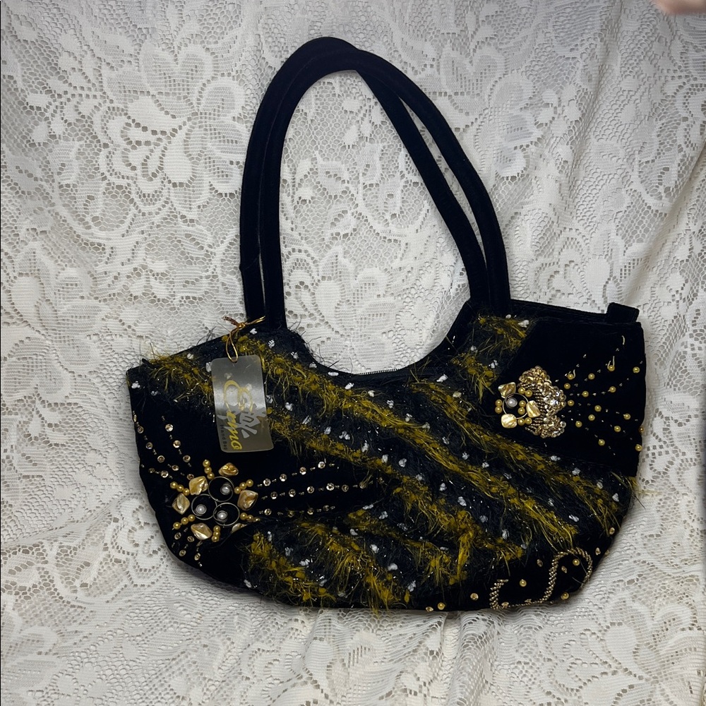 ERMO Black Velvet Embellished Shoulder Bag Gold Eyelash Yarn Sequins NWT